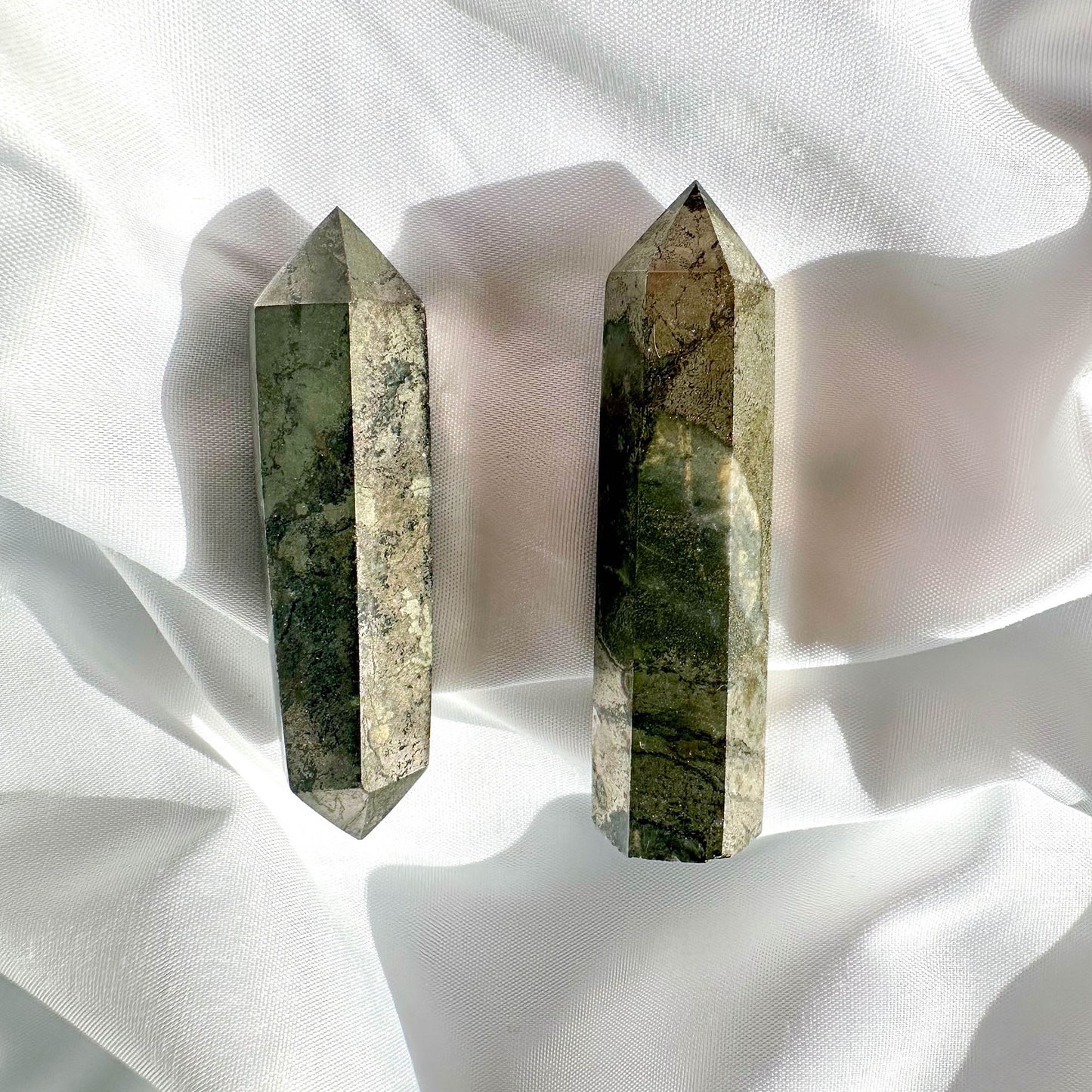 Pyrite-Point - Best Healing Crystal Gift for Her - CrystalQi - Pyrite attracts wealth and abundance and provides protection. It promotes strength and vitality. As a point or double terminated crystal, it effectively channels and amplifies energy for prosperity and protection.