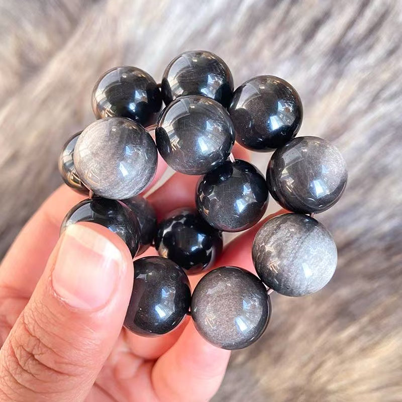 Beaded Silver Sheen Obsidian Bracelet, crystal for protection - crystal qi