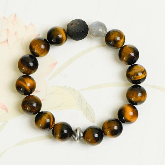 tigers eye and silver sheen obsidian beaded bracelet on a white background